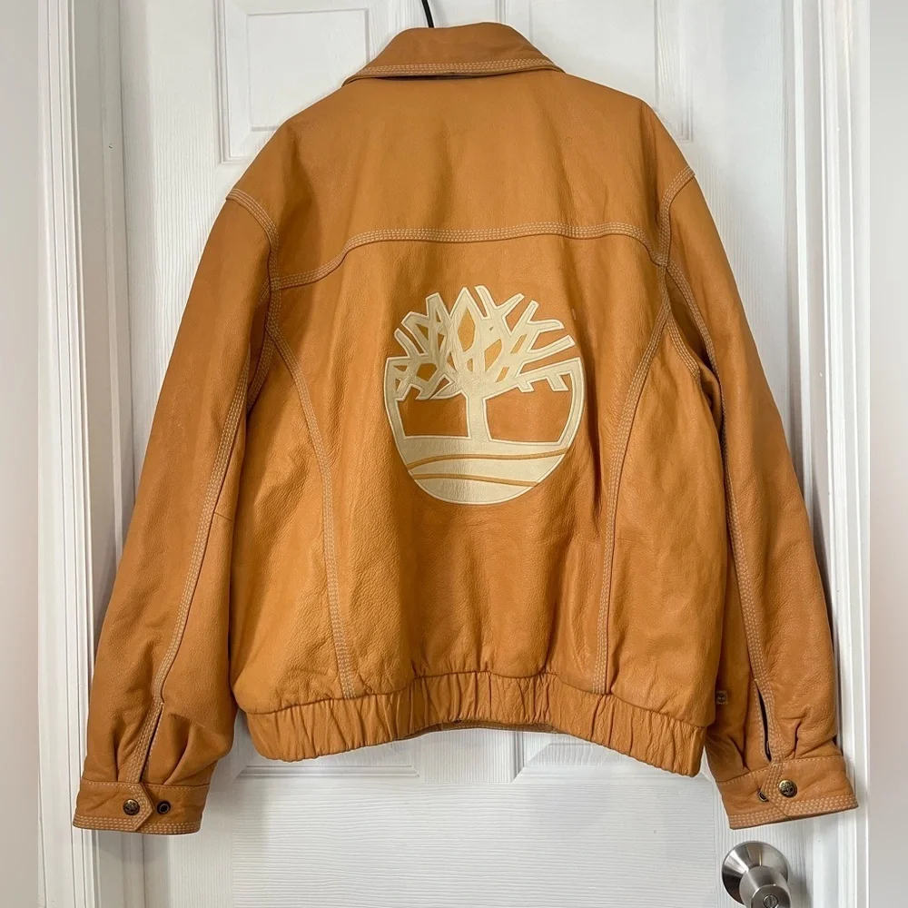 Timberland Tan Leather Vintage Logo Bomber Jacket XXL